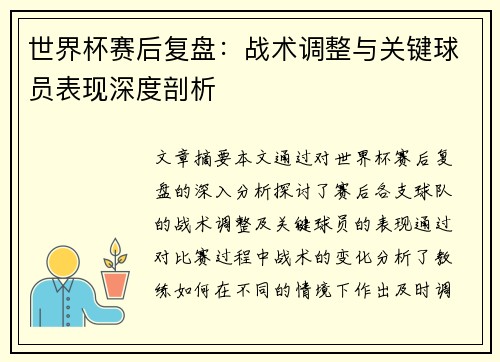 世界杯赛后复盘：战术调整与关键球员表现深度剖析
